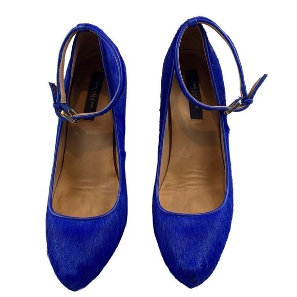 Ann Taylor Calf Hair Wedge Ankle Strap Shoe Cobalt Blue 6 - Picture 6 of 8